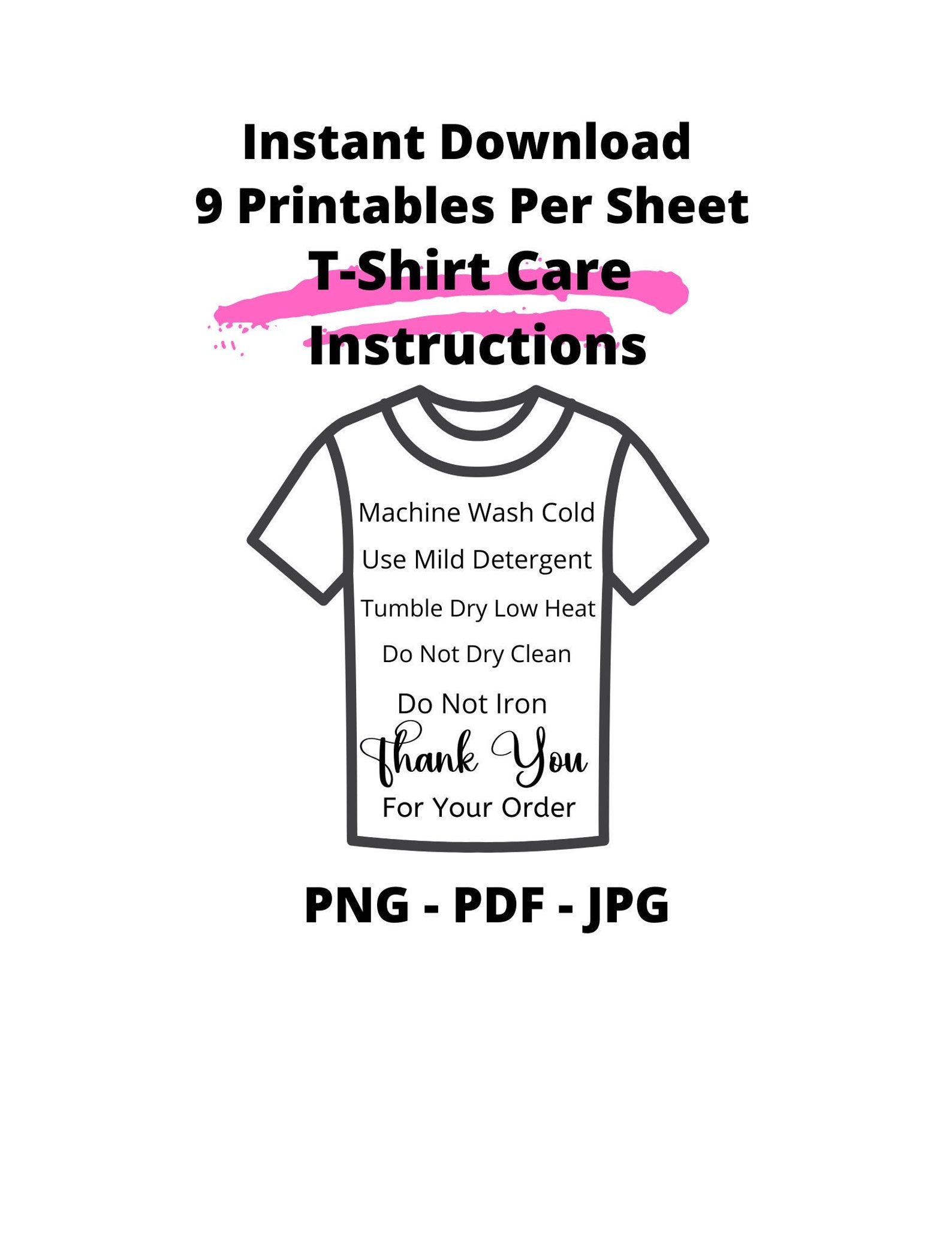INSTANT DOWNLOAD T Shirt Care Instructions Card Template, Printable T ...