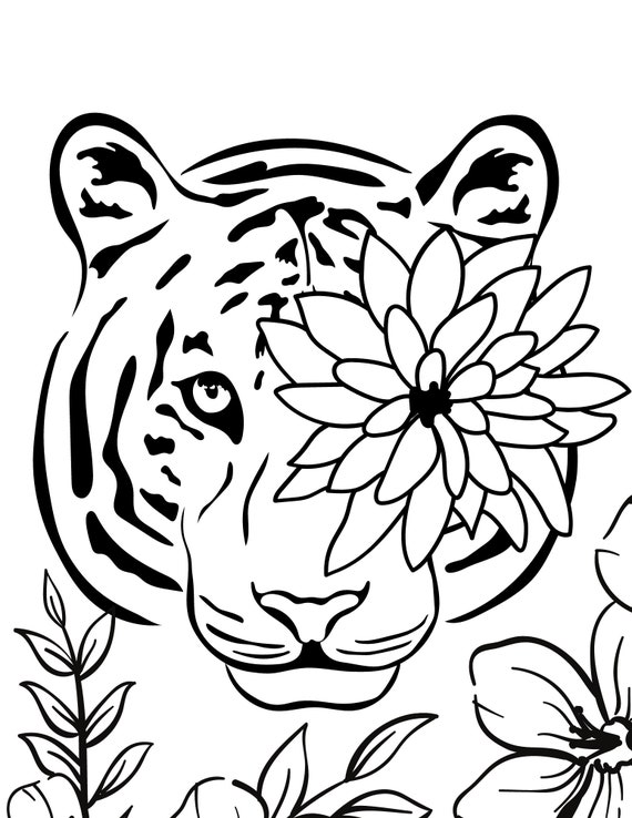 Colouring Pictures with a Tiger and Flower. Art Therapy Coloring Page for  Adults and Children. Stock Image - Image of design, beautiful: 233559991