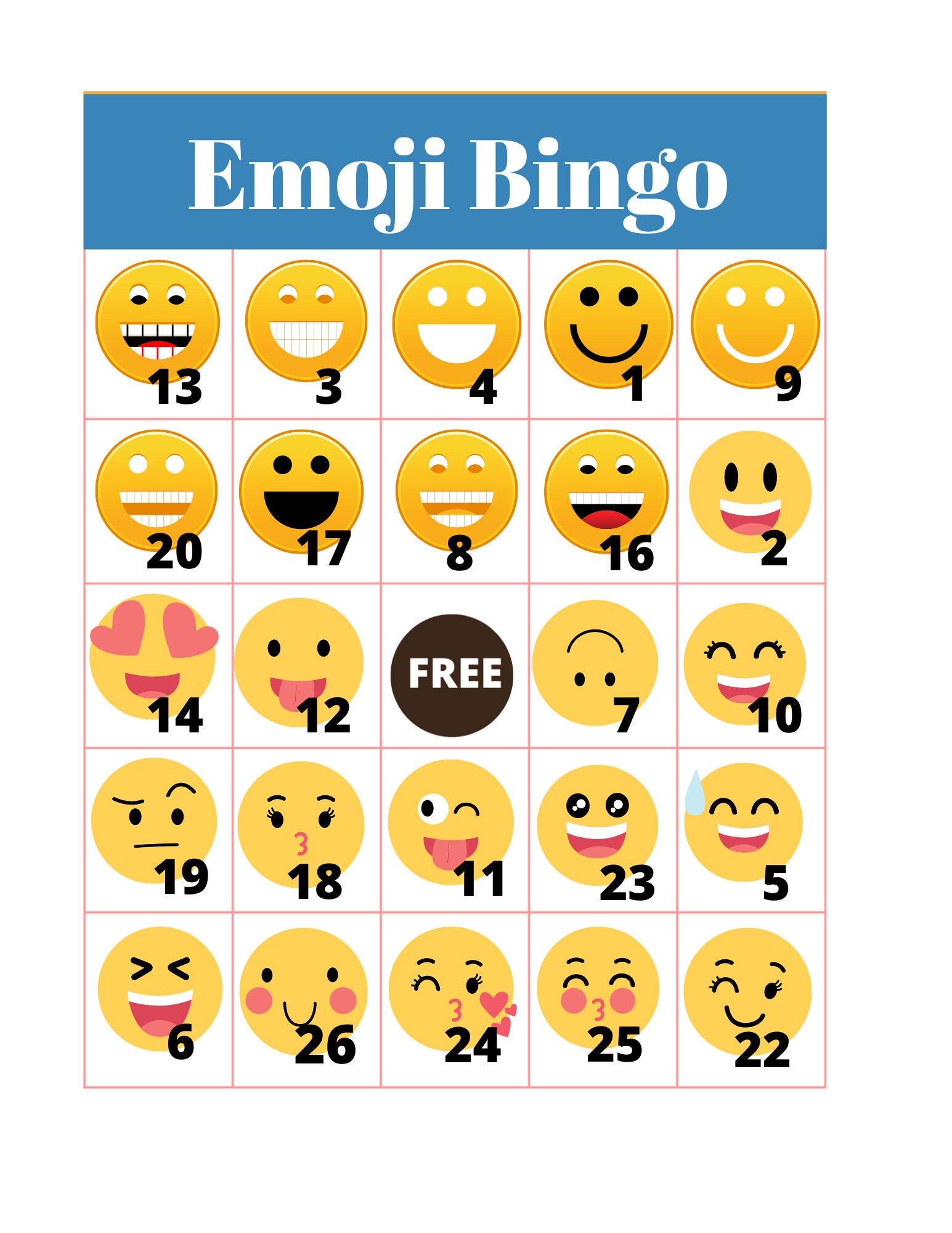 Printable Emoji Bingo Game Colorful Bingo Game, Bingo Game With Large