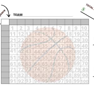 May include: A gray and white grid with numbers 1 through 100. The grid is divided into 10 rows and 10 columns. A basketball is in the center of the grid. The text "TEAM" is at the top of the grid. The text "Cost Per Square" is on the left side of the grid. The text "TOTAL PAYOUT" is on the right side of the grid. The text "1st Half" and "2nd Half" are on the right side of the grid.
