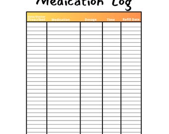 Puede incluir: Un registro de medicamentos blanco con un borde negro. El título "Medication Log" está en una fuente manuscrita. El registro incluye secciones para Fecha/Médico Prescrito, Medicamento, Dosis, Hora y Fecha de Repetición.