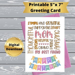 Cartão de aniversário para impressão para mãe, cartão de aniversário engraçado para impressão, cartão de aniversário digital com citação engraçada, cartão de felicitações 5x7, 43