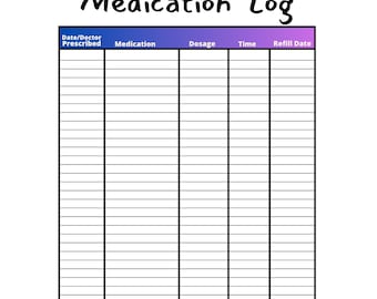 May include: A white medication log with a black border. The title "Medication Log" is in black script. The log includes columns for Date/Doctor Prescribed, Medication, Dosage, Time, and Refill Date. A space for the name is at the top.