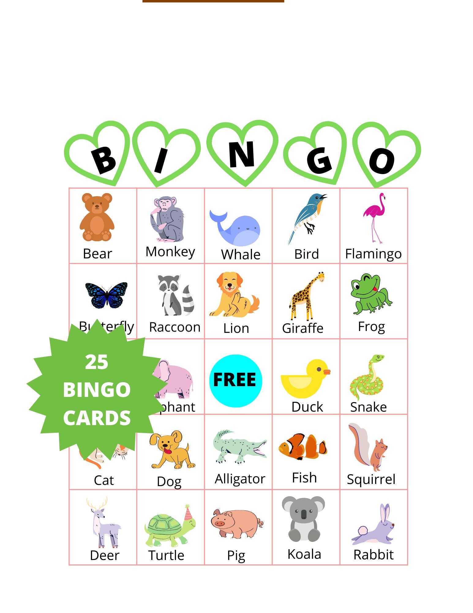 Animal bingo For Kids, Animal Bingo Game For Children, Bingo Calling Cards, Bingo Template, Instant Animal Bingo Printable 2