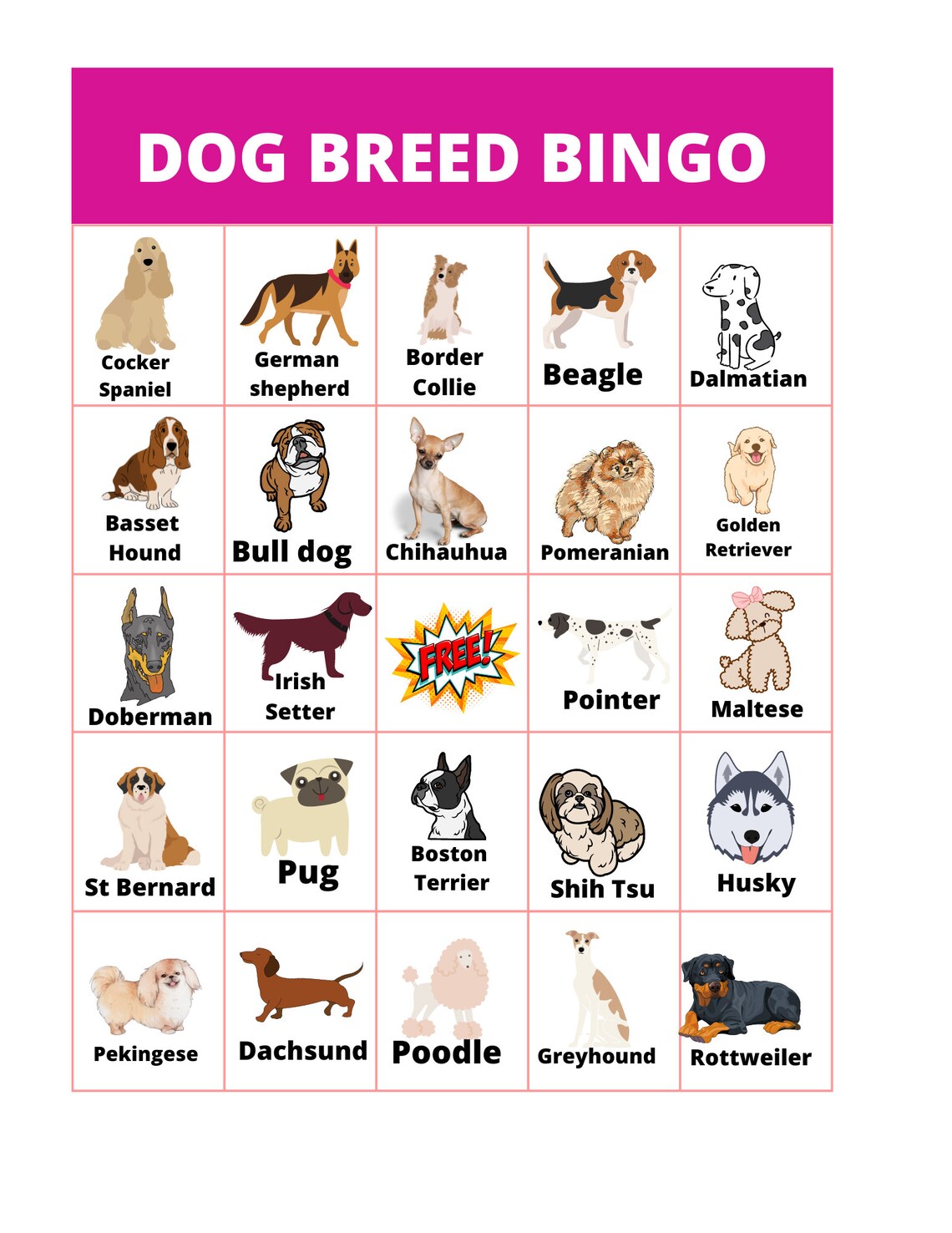 Dog Breed Bingo/bingo Template/instant Dog Bingo - Etsy