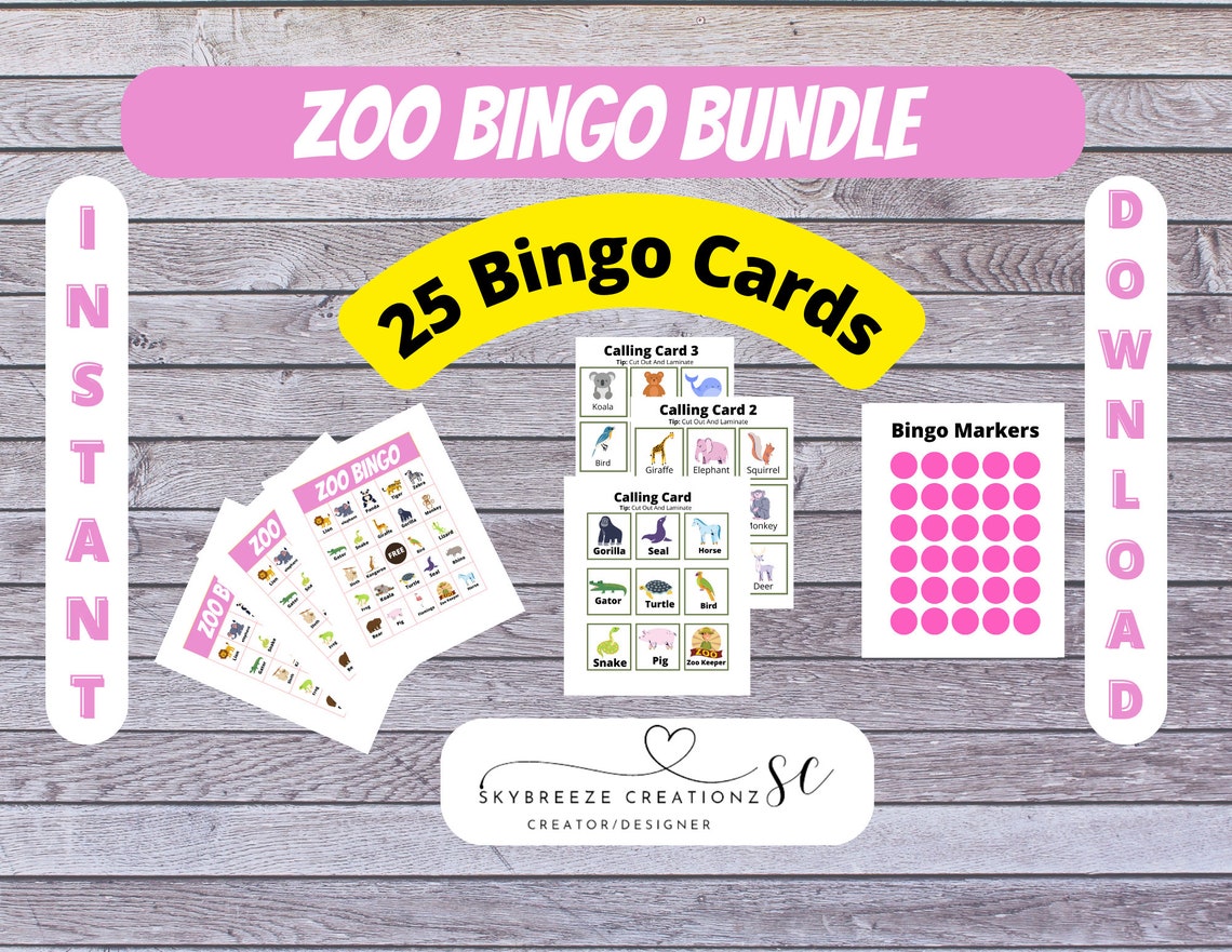 Zoo Bingo Game, Printable Bingo Game With Large Card, Instant Bingo