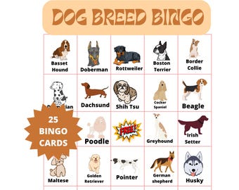 Dog Breed Bingo, Dog Breed bingo Game ,Print and Play Bingo with Kids Fun Bingo game, Instant Dog Breed Bingo Game