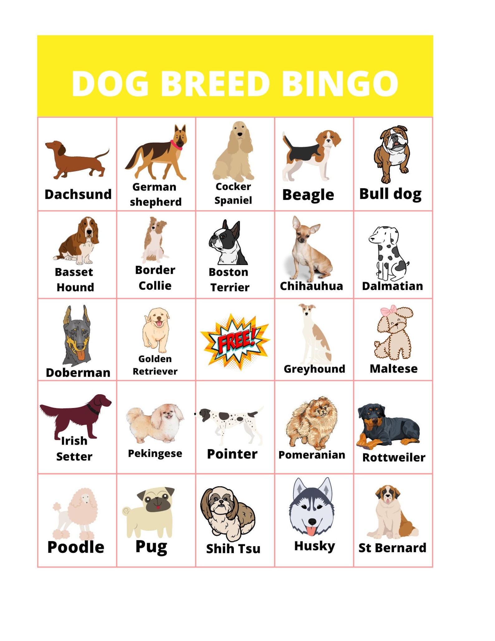 Dog breed bingo animal bingo for kids etsy