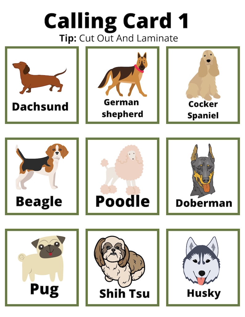 Dog Breed Bingo 8 Animal Bingo for Kids Animal Bingo Game Etsy