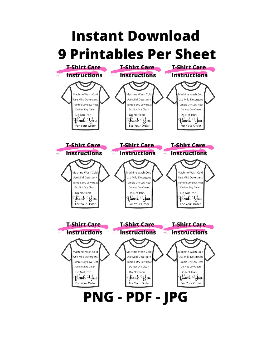 INSTANT DOWNLOAD T Shirt Care Instructions Card Template, Printable T Shirt Care Instructions, T ...
