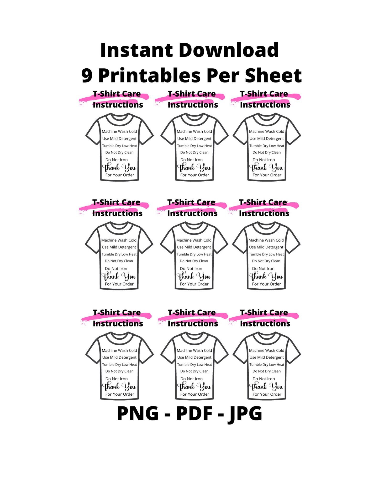 INSTANT DOWNLOAD T Shirt Care Instructions Card Template, Printable T ...
