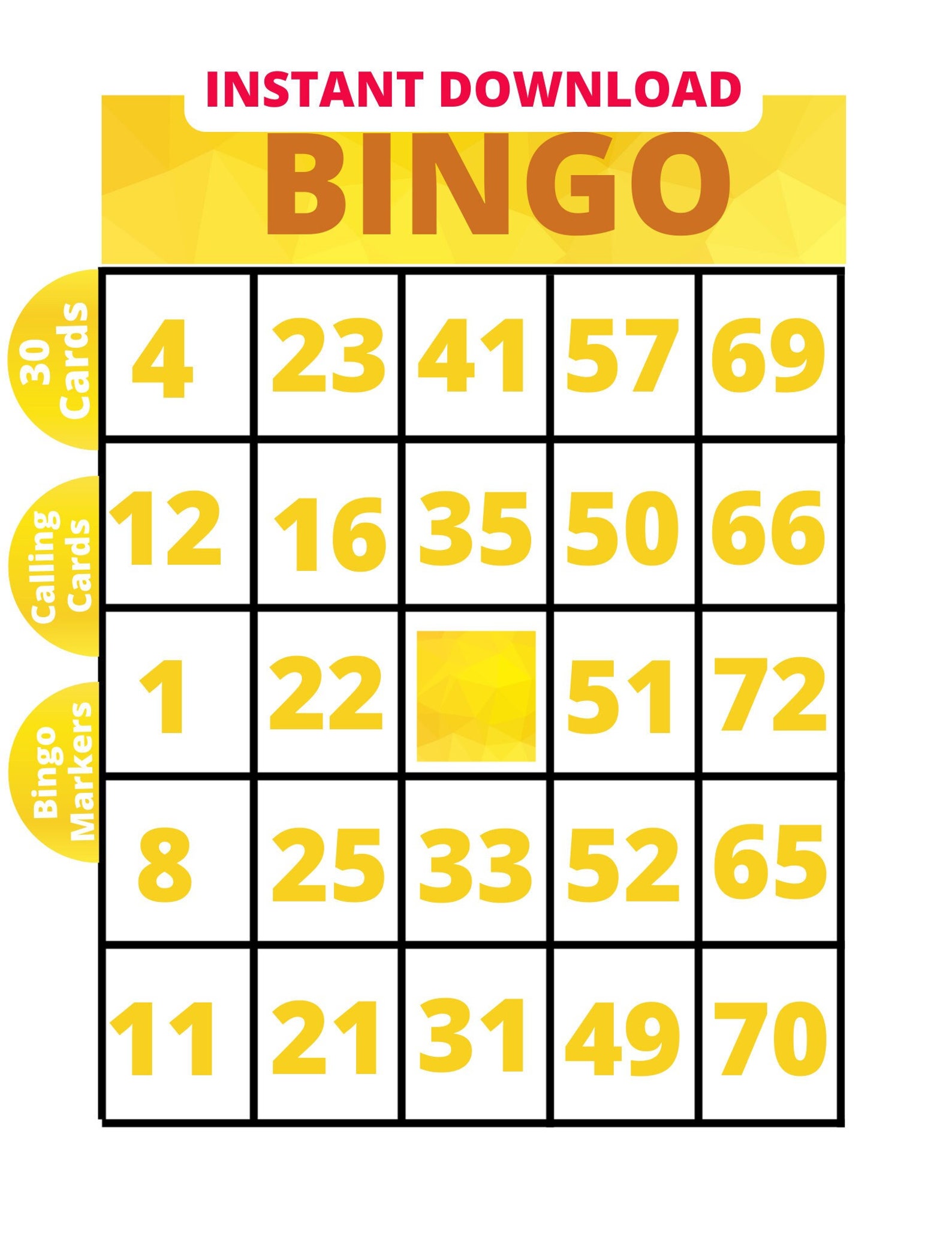 Bingo With Numbers, 30 Color Bingo Cards, Instantly Play Bingo, Large