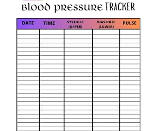 May include: A white blood pressure tracker with a black grid for recording data. The title "Blood Pressure Tracker" is in a decorative font. The tracker includes sections for date, time, systolic, diastolic, and pulse. The top left corner has "30 Day".