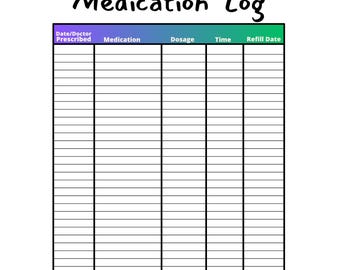Puede incluir: Un registro de medicamentos blanco con un borde negro. El título "Medication Log" está en una fuente de estilo manuscrito. El registro incluye columnas para la fecha, el medicamento, la dosis, la hora y la fecha de reabastecimiento. Hay un espacio para escribir el nombre.