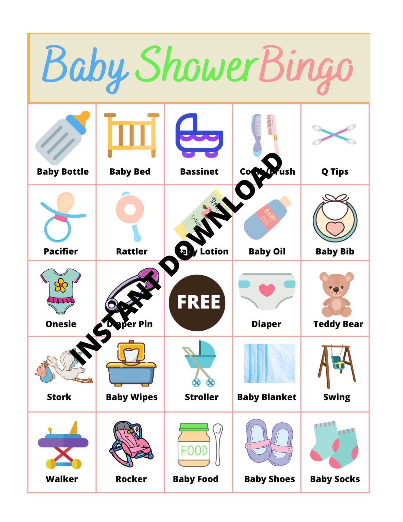 Bingo Game to Play at Baby Shower, Baby Themed Bingo Game, Bingo Game