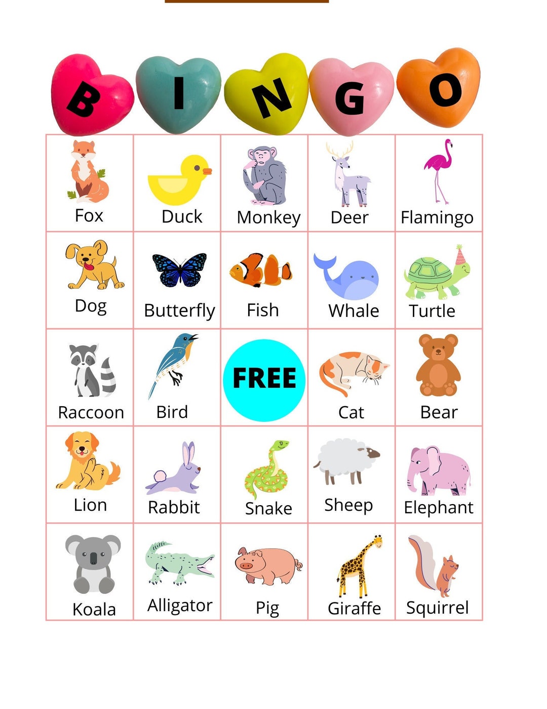 Bingo Template Instant Animal Bingo Printable (Instant Download) Etsy