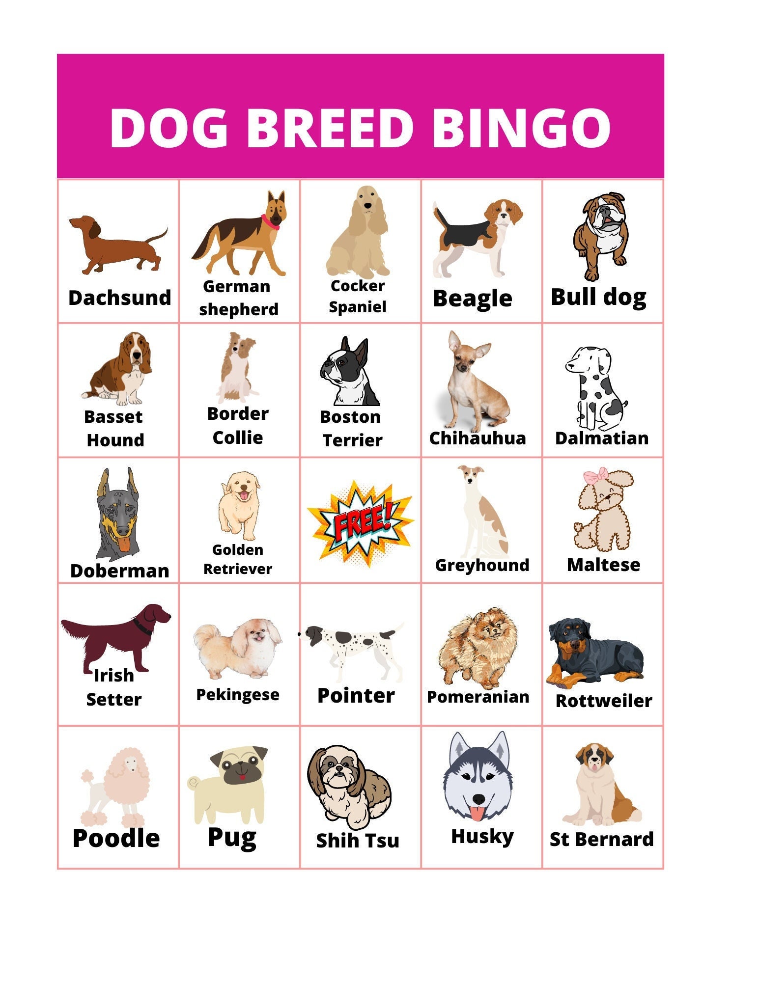 Dog Breed Bingo Game With 25 Bingo Cards, 3 Calling Cards, and Bingo Markers Etsy