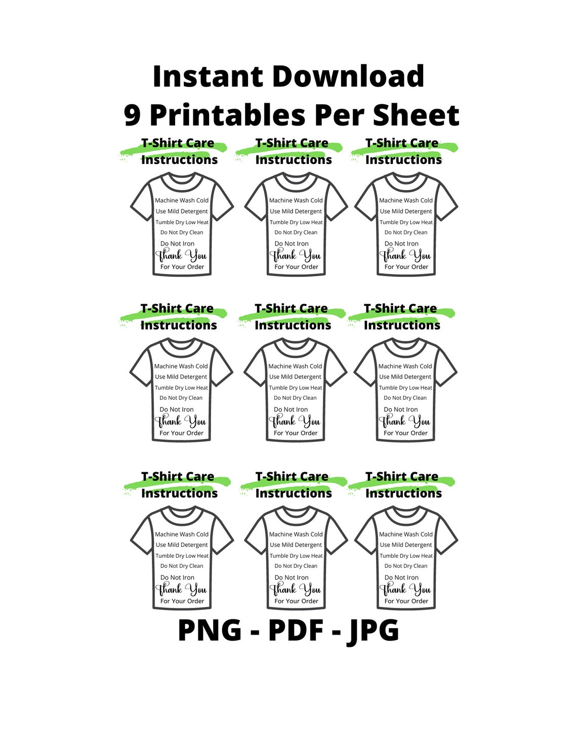 Ready to Print T-shirt Care Instructions Card Green, Printable T ...