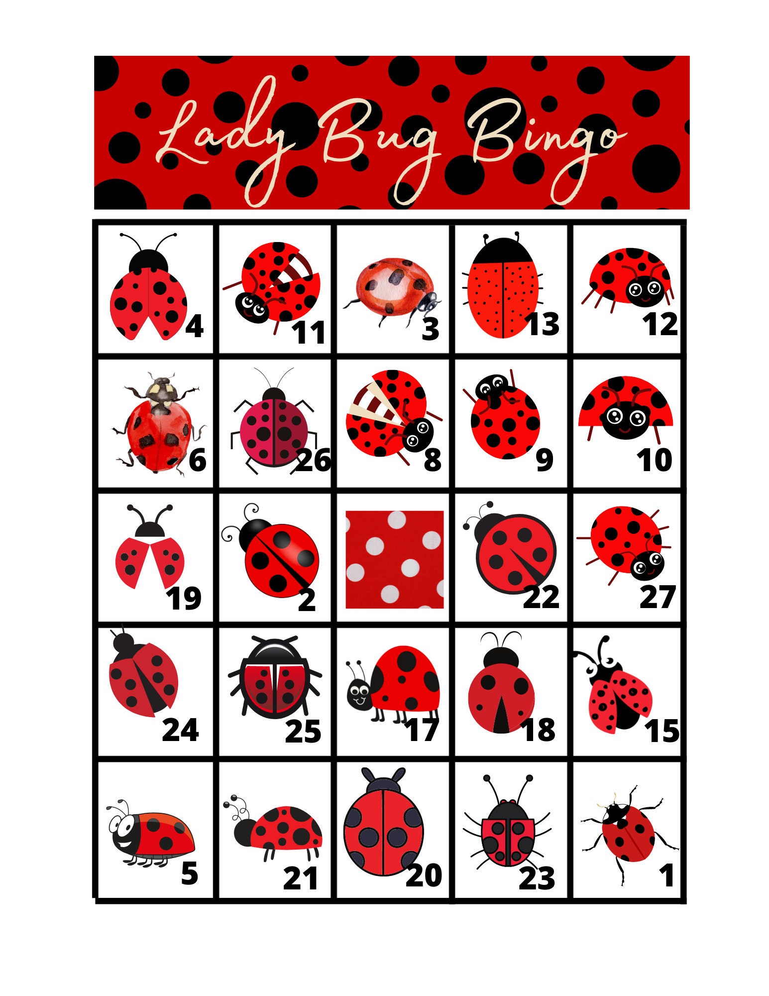 Lady Bug Bingo Calling Cards, Printable Kids Bingo, Instant Animal ...