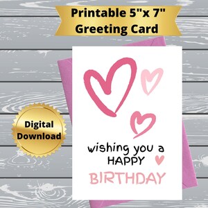 Cartão de aniversário para impressão, Cartão de aniversário engraçado para impressão, Cartão de aniversário digital com borboletas, Cartão de felicitações com corações 5x7, 1