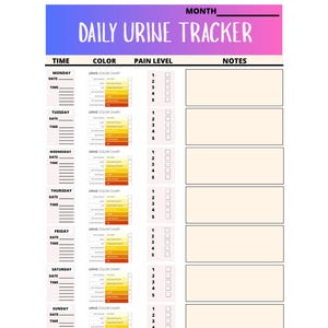 May include: A white printable daily urine tracker with a gradient purple and pink header. The tracker includes sections for time, color, pain level, and notes, with a urine color chart for reference.