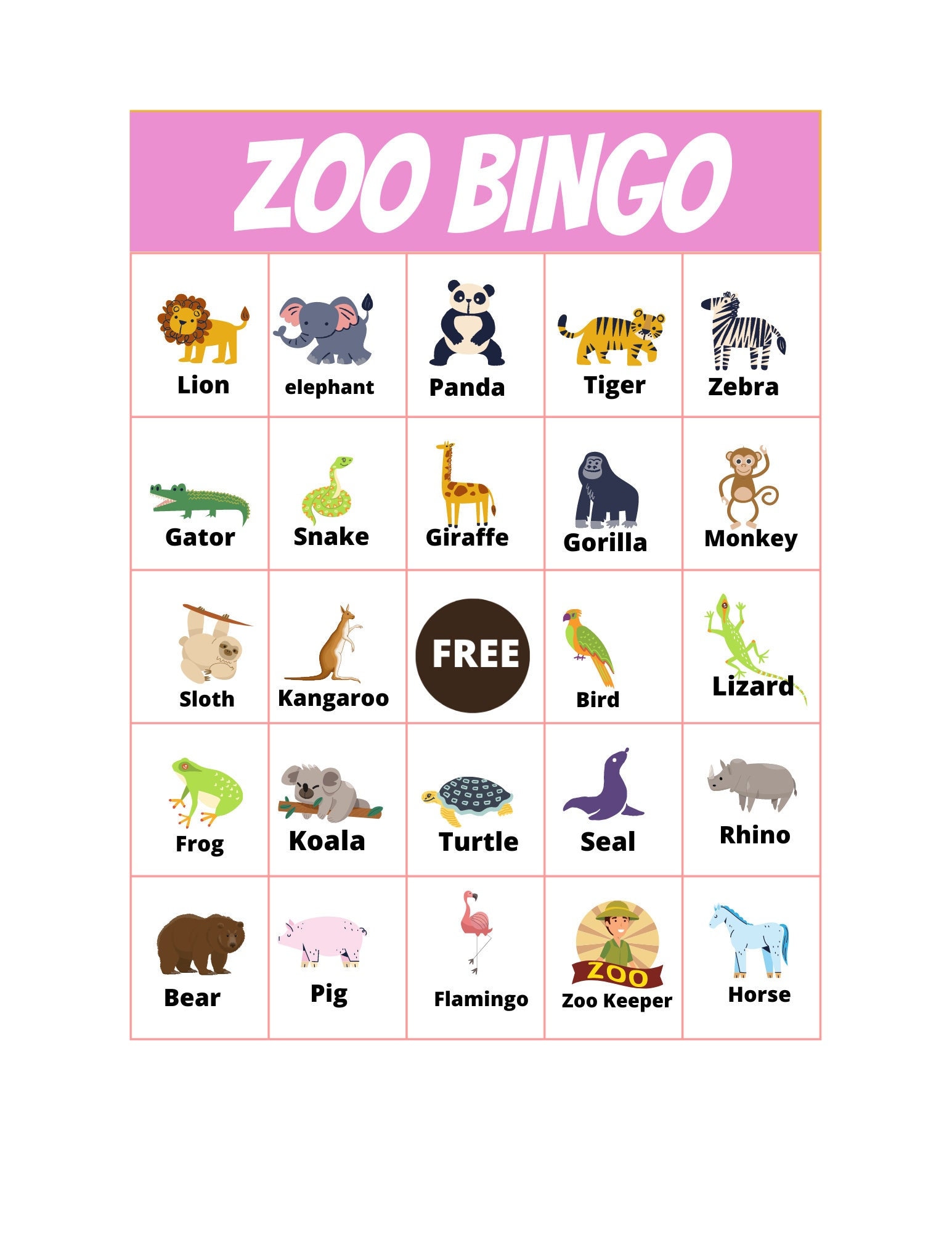 Zoo Bingo Game, Printable Bingo Game With Large Card, Instant Bingo