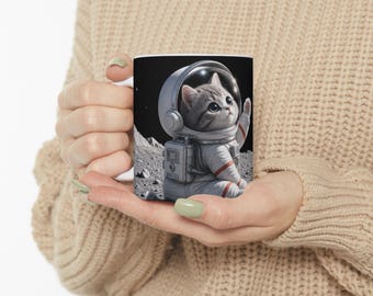 Cat on the Moon Whimsical Space Ceramic Coffee Mug