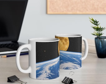 Moon Rising Over Earth Cosmic Ceramic Coffee Mug