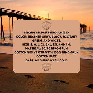 May include: A tan rectangle with text describing a Gildan SF500 unisex t-shirt. The text includes the brand, color options, sizes, material, and care instructions. The text reads: "BRAND: GILDAN SF500, UNISEX COLOR: HEATHER GRAY, BLACK, MILITARY GREEN, AND WHITE. SIZE: S, M, L, XL, 2XL, 3XL AND 4XL MATERIAL: 80/20 RING-SPUN COTTON/POLYESTER WITH 100% RING-SPUN COTTON FACE CARE: MACHINE WASH COLD"