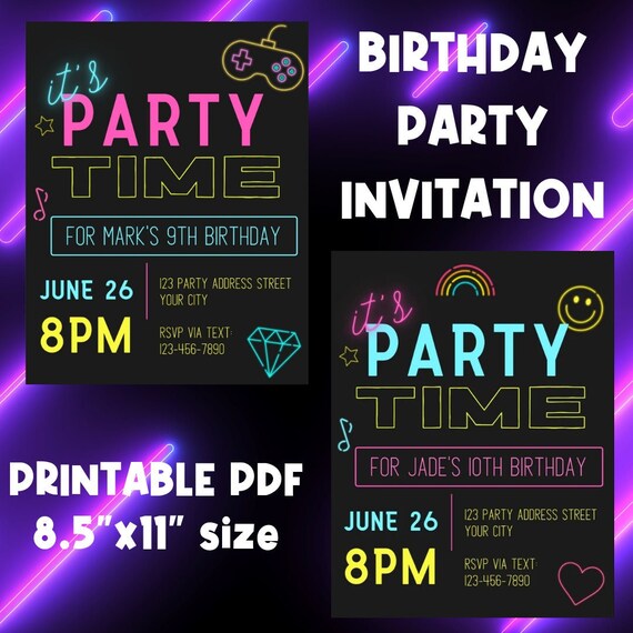 Neon Birthday Party Invitation Printable Kids Party | Etsy
