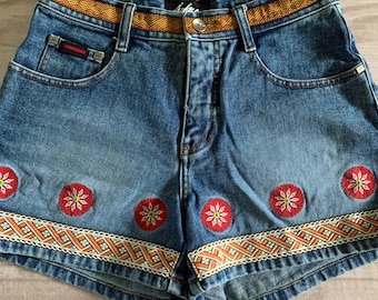 90s / y2k embroidered embellished jean shorts, Fubu 27 waist juniors small xs
