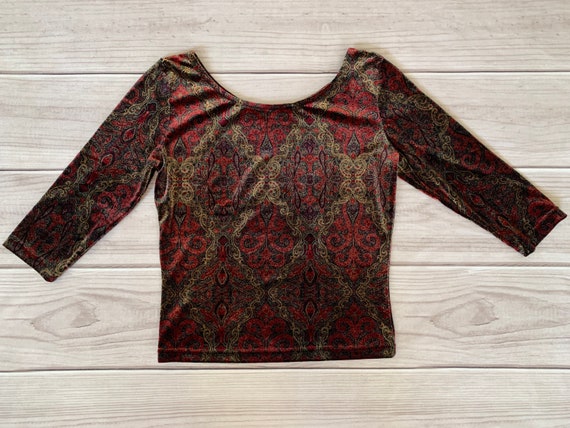 3/4 sleeve velvet top, small, y2k, paisley, print… - image 2