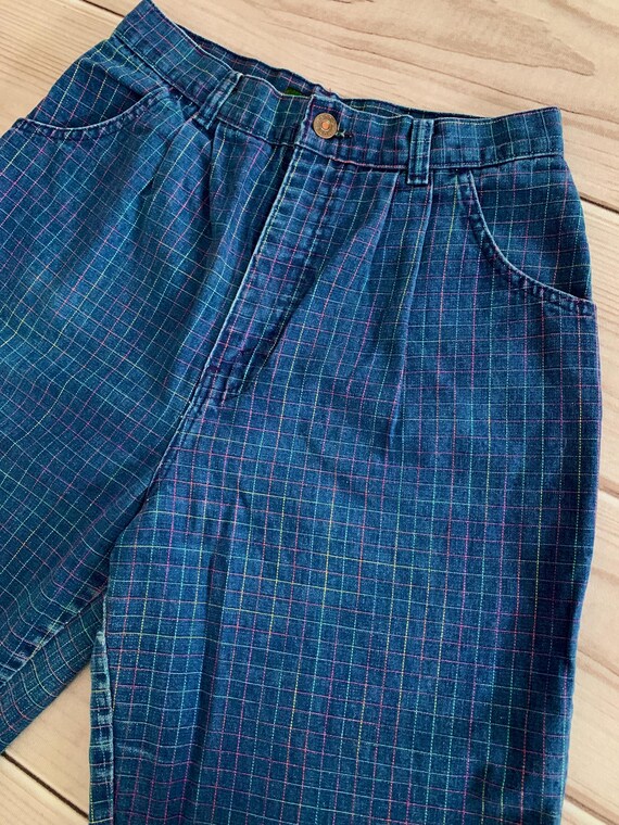 90s rainbow jeans, checker grid high waisted relaxed 28” waist