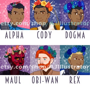 Può includere: Un'illustrazione digitale di sei personaggi di Star Wars che indossano corone di fiori. I personaggi sono Alpha, Cody, Dogma, Maul, Obi-Wan e Rex. Ogni personaggio è raffigurato con i suoi tratti e colori distintivi. Lo sfondo è un design scintillante a tema galattico.