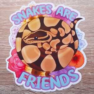 Op de afbeelding: Een sticker met een kleurrijk bloemenontwerp en een slang met de tekst "Snakes are Friends" in blauwe letters.