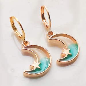 Gold and Blue Moon with Star Dangly Earrings