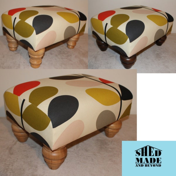 Orla Kiely multi stem fabric (tomato), handmade turned leg footstool.