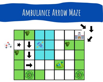 Labyrinthe pour les enfants, activité de directions de flèche d'ambulance, imprimables préscolaires, activité pré-K, école maternelle préscolaire