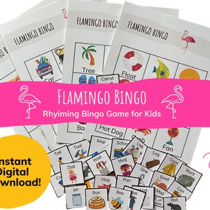 Flamingo Bingo, Rhyming Bingo Game for Preschool and Kindergarten, Worksheets, Printables, Pre-K Activity, Learning Game, Homeschool