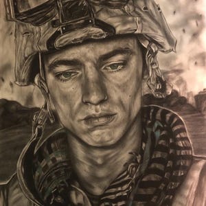 May include: A charcoal portrait of a person wearing a vintage aviator helmet with goggles and a striped scarf. The artwork is rendered in shades of gray and black, with a focus on the person's face and expression. The background suggests a war scene.