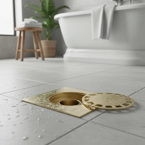 Könnte beinhalten: Ein goldfarbener, verzierter quadratischer Abdeckrost mit passendem kreisförmigen Deckel, teilweise geöffnet. Der Abfluss befindet sich auf einem gefliesten Boden, Wassertropfen sind sichtbar. Die Badezimmereinrichtung umfasst eine weiße Badewanne und einen Holzschemel.