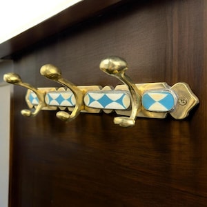 Handmade Unlacquered Brass Hook Rack – 6 Hooks with Turquoise Resin Inlays – Moroccan Artisan Crafted
