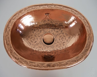 Engraved Copper Oval Sink – Drop-In or Undermount – Handmade Moroccan Bathroom Basin