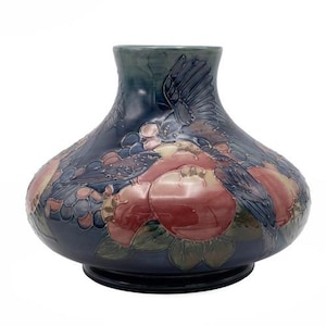 LARGE Moorcroft Sally Tuffin Finches and Fruit squat vase dated 1991 20 cm x 25 cm