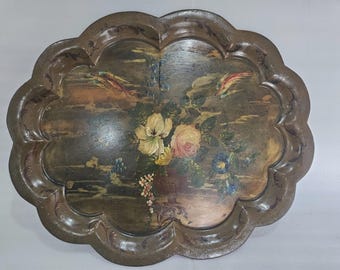 Vintage Toleware Handpainted Tray/Gold Floral Painted Metal Tray 