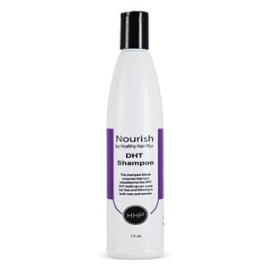 May include: A white bottle of Nourish by Healthy Hair Plus DHT Shampoo. The bottle is labeled with the product name and a description of the shampoo's benefits. The bottle is 12 ounces.