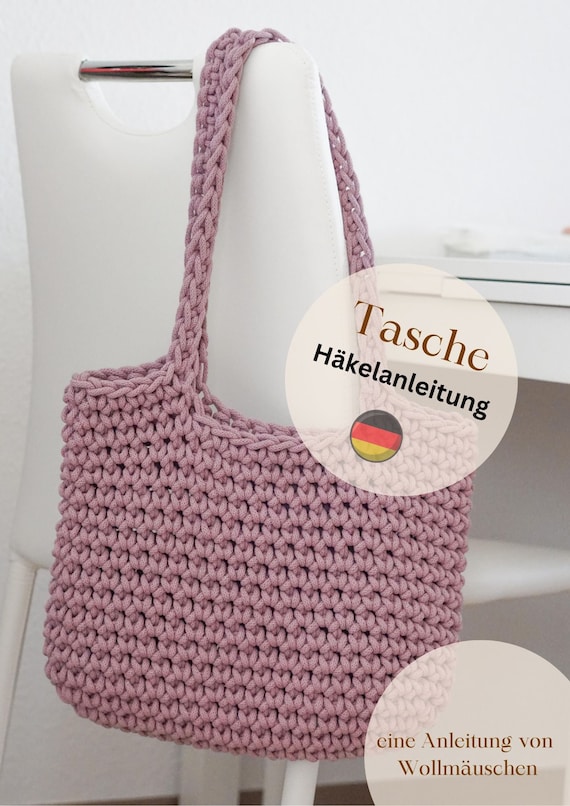 PDF "DEUTSCHE" Häkelanleitung für eine Tasche Shopper Umhängetasche Schultertasche Strandtasche Wolltasche Einkaufstasche Sommertasche