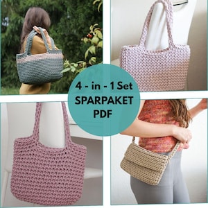 May include: A collection of four crochet bags in various styles and colors. The bags include a tote, a shoulder bag, and a crossbody bag. The bags are in shades of green, pink, and beige. The image also includes the text "4-in-1 Set SPARPAKET PDF".