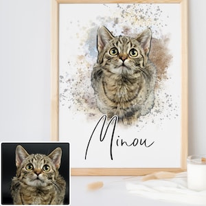 Cat portrait "AQUARELL" personalized with name / Animal portrait by photo / Individual illustration for cat lovers / Cat poster