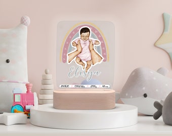 Personalisiertes Acrylnachtlicht - Babymotiv mit Namen und Geburtsdaten. Perfektes Geschenk zur Geburt.